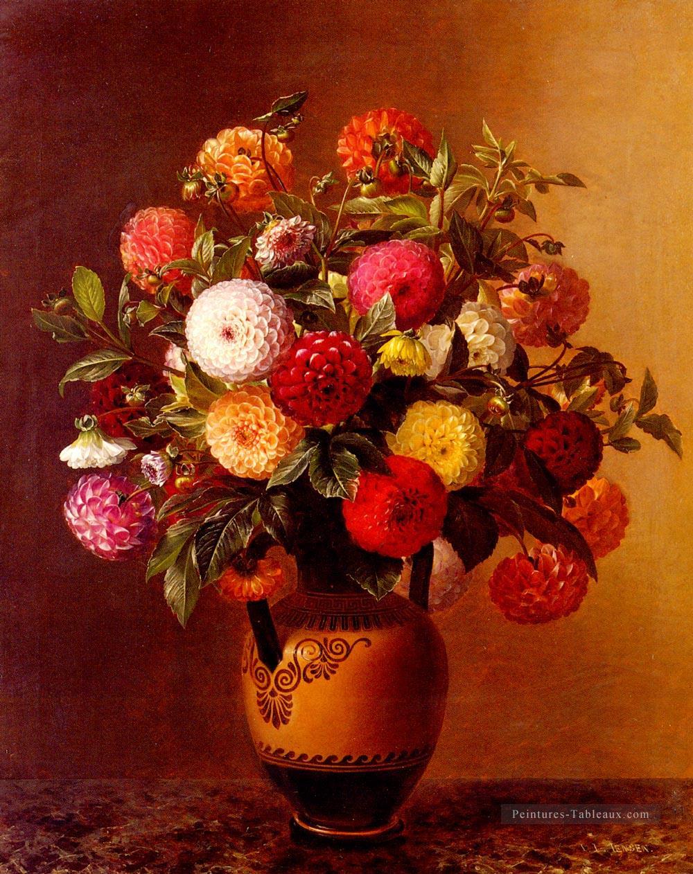 Nature morte de dahlias dans un vase Johan Laurentz Jensen fleur Peintures à l'huile